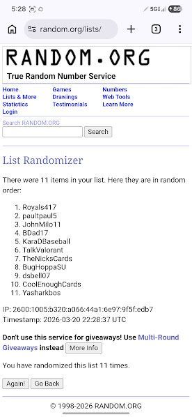 akscardsand's tweet image. I wanted to announce the two giveaway winners for my #stacksale that ends tonight.

@TheNicksCards has won the $10 stack credit. I randomized the list of seven stacker, seven times (see photos) and he came out on top.

@Royals417 has won the refractor, insert, auto card lot. I