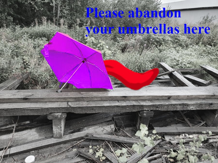 Urnukka's tweet photo. I found this umbrella, all abandoned behind a factory years back. I was learning to use GIMP back then so I made a Touhou weirdcore image out of it

I'm weird, I like #weirdcore

Do not abandon umbrellas, Kogasa deserves no such fate https://t.co/53kUPMEll1