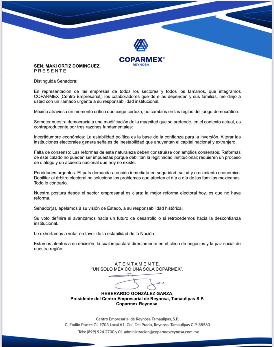 🔵Senadora <a href="/MakiOrtizD/">Maki Ortiz</a>: La mejor #ReformaElectoral es que no haya reforma. 
Empresas, colaboradores y miles de familias necesitan seguridad, certeza jurídica para la inversión y enfoque en las verdaderas prioridades del país.
#PlanB
<a href="/Coparmex/">Coparmex Nacional</a> 
<a href="/jsierraalvarez/">Juan José Sierra</a> 
<a href="/HeberardoConH/">Heberardo González G.</a>