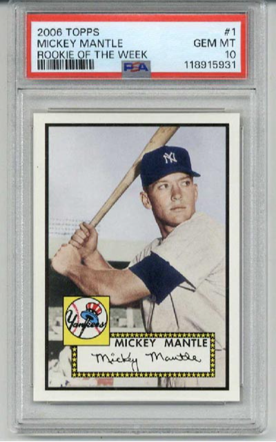 CollectingAll's tweet image. 2006 TOPPS ROOKIE OF THE WEEK #1 MICKEY MANTLE CARD NEW YORK YANKEES PSA 10 RARE: $200 👉 Sell to us collectingall.app 👈 #MickeyMantle #ToppsCards #PSA10 #Yankees #BaseballCards