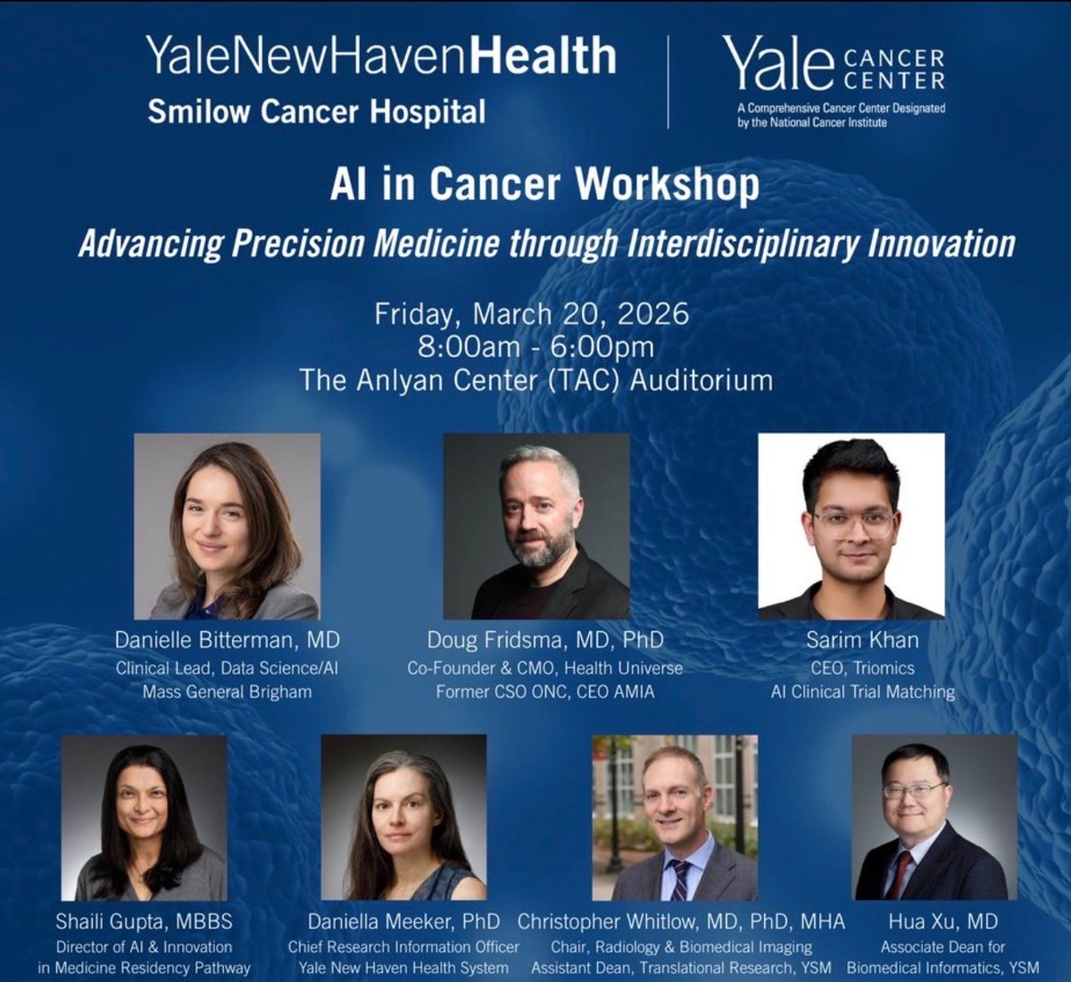 YaleCancer's tweet photo. Thank you to the presenters and attendees at our inaugural #AI in #Cancer Workshop—highlighting how AI is advancing early detection and enabling more personalized cancer care. A day filled with valuable insights & new collaborations. @SmilowCancer  @WilliamOhMD @MeinaWang @maryam_lustberg @dbittermanmd @SanjayAnejaMD @Fridsma @YaleRadiology @MonicaValero16