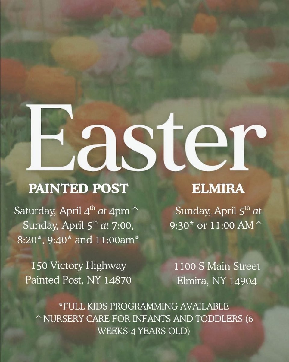 VictoryHighway's tweet photo. MARK YOUR CALENDARS! 🗓️

Join us on Saturday, April 4th (Victory Painted Post) and Sunday, April 5th at both Victory Painted Post and Victory Elmira for an Easter service (or two!). https://t.co/AnGaedjaHj