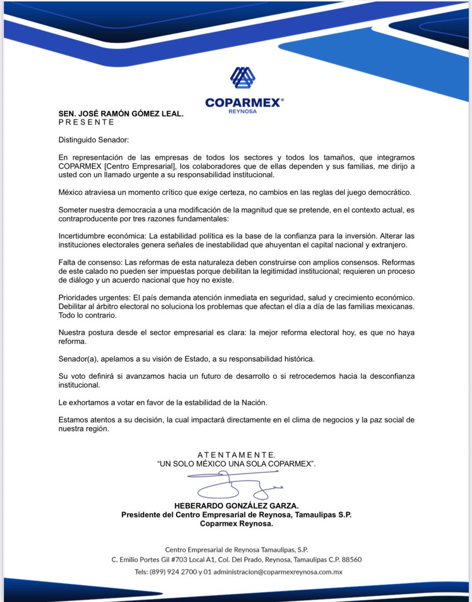 🔵Senador <a href="/jrgomezleal/">José Ramón Gómez Leal</a>: La mejor #ReformaElectoral es que no haya reforma. 
Empresas, colaboradores y miles de familias necesitan seguridad, certeza jurídica para la inversión y enfoque en las verdaderas prioridades del país.
#PlanB
<a href="/Coparmex/">Coparmex Nacional</a> 
<a href="/jsierraalvarez/">Juan José Sierra</a> 
<a href="/HeberardoConH/">Heberardo González G.</a>
