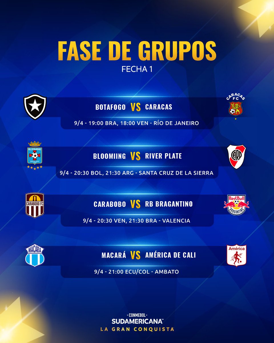 📅 ¡Así se jugará la primera fecha de la Fase de Grupos de la CONMEBOL #Sudamericana! 

#LaGranConquista