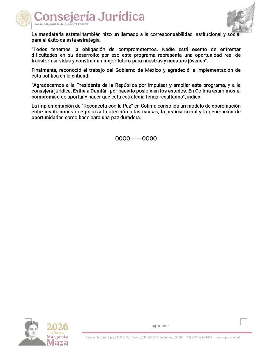 En Colima, por instrucciones de la presidenta <a href="/Claudiashein/">Claudia Sheinbaum Pardo</a>, avanzamos con #ReconectaConLaPaz junto a la gobernadora <a href="/indira_vizcaino/">Indira Vizcaíno</a>.  La justicia restaurativa transforma vidas, reconstruye comunidad y abre oportunidades para nuestras juventudes. 💛

#AtenciónALasCausas