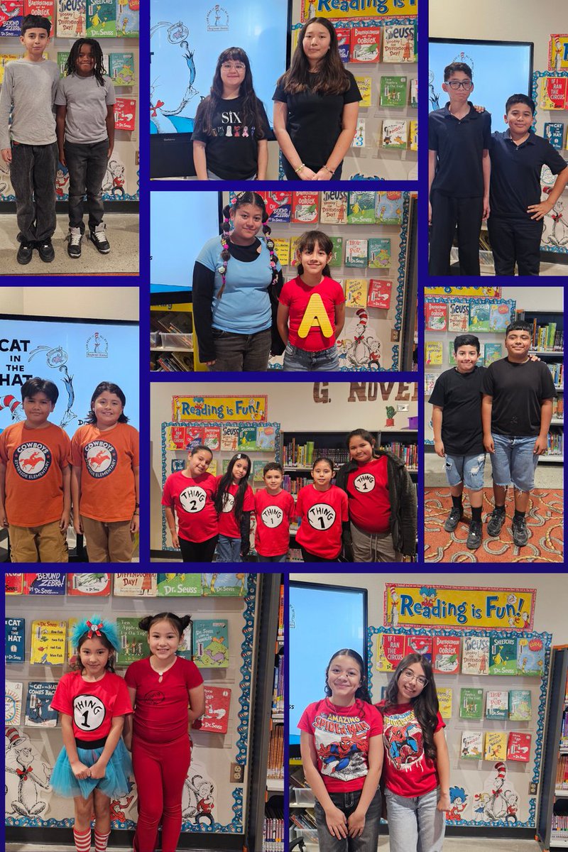 vvillarreal31's tweet photo. Cowboys 🤠 turned an ordinary Thursday to a crazy 🤪 hair day &amp; twin 👬day to celebrate Read Across America. It was a fun Cat in the Hat 😃 day at Riverside ES. @RiversideEleme2 @YsletaISD @PK8Academics @YISDLibrarySvc #RiversideCowboys #ReadAcrossAmerica  #KeepReadingCowboys https://t.co/a6lMvr1iEj