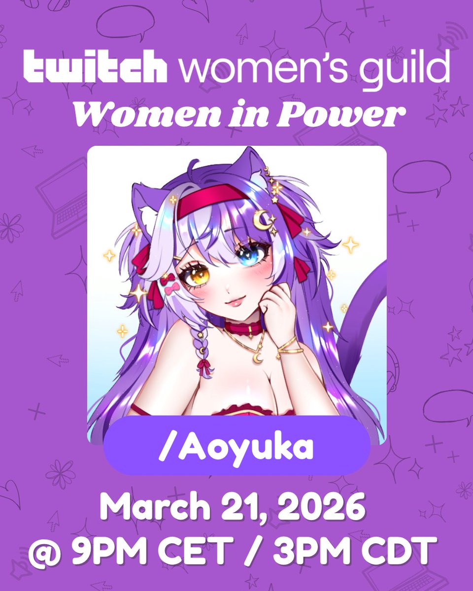 aoyukattv's tweet image. Hey y'all! 

Tomorrow 9PM CET/3PM CDT, I'll be joining a panel with five other members of the #TwitchWomensGuild, celebrating #WomenInPower! 

We hope that by being open about our experiences as disabled creators, we can fight stigma and inspire others facing similar challenges!