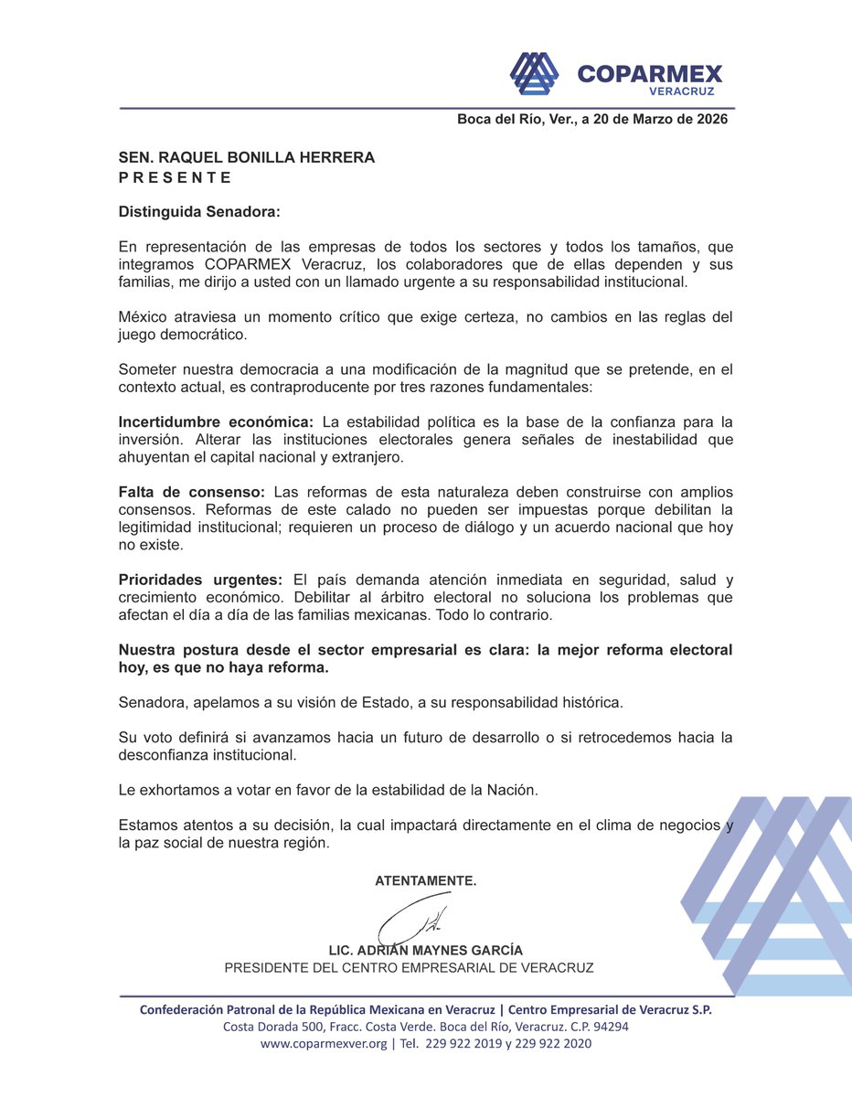 🔵 Senador <a href="/RaquelBonillaHe/">@RaquelBonilla</a>:

La mejor #ReformaElectoral es que no haya reforma electoral.
Empresas, colaboradores y miles de familias necesitan seguridad, certeza jurídica para la inversión y enfoque en las verdaderas prioridades del país. #PlanB
<a href="/jsierraalvarez/">Juan José Sierra</a> <a href="/senadomexicano/">Senado de México</a>