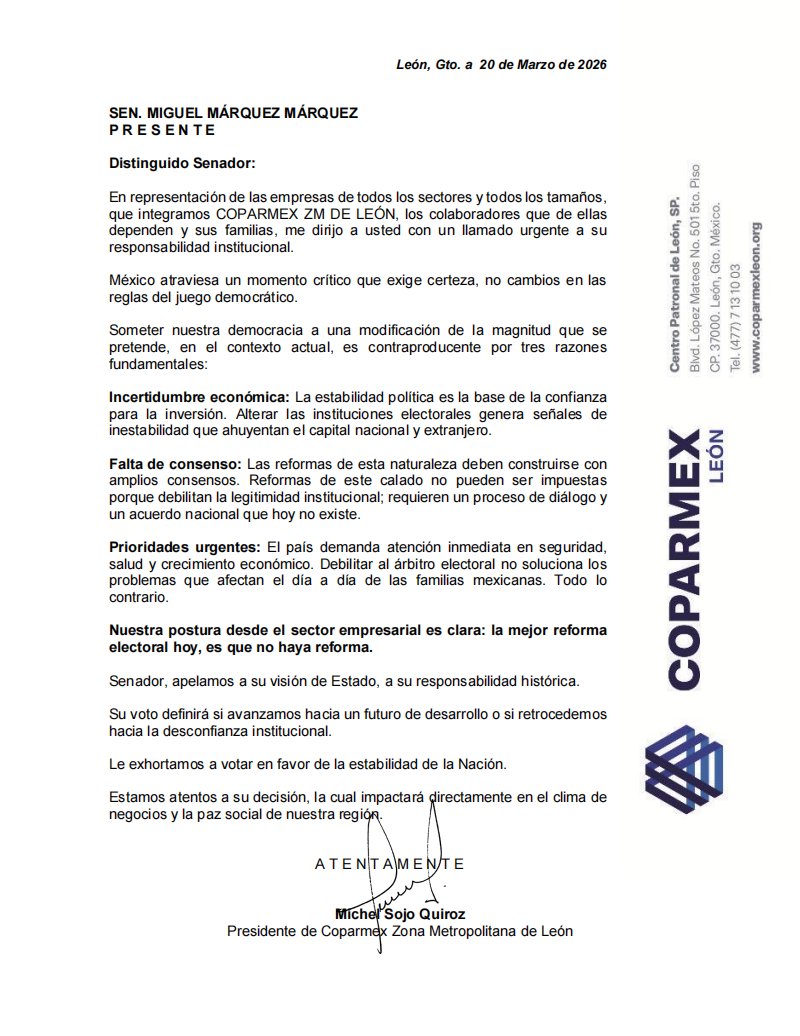 CoparmexZMLeon's tweet photo. 🔵 Senador @miguelmarquezm :

La mejor #ReformaElectoral es que no haya reforma electoral.
Empresas, colaboradores y miles de familias necesitan seguridad, certeza jurídica para la inversión y enfoque en las verdaderas prioridades del país.
#PlanB @PeriodicoCorreo @periodicoam @heraldoleon @ZonaFrancaMX @pagina_central @milenio_leon