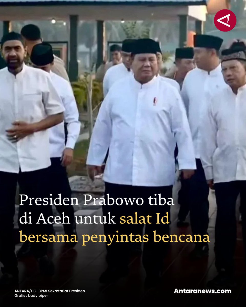 antaranews's tweet image. Presiden Prabowo tiba pukul 7.20 WIB di Masjid Darussalam, yang berada di komplek hunian sementara penyintas bencana banjir di Desa Simpang Empat, Kecamatan Karang Baru, Kabupaten Aceh Tamiang.

#salatid #presidenprabowo #aceh 
Baca selengkapnya
m.antaranews.com/berita/5487734…