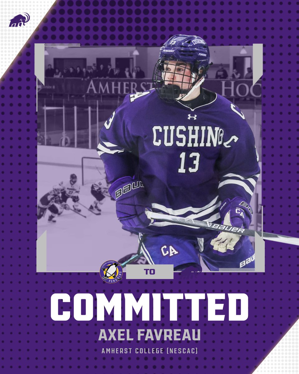 CushingBHockey's tweet photo. ➡️Congrats to senior captain Axel Favreau on his commitment to play NCAA hockey next year at @AmherstCollege For the last five seasons Axel has bled Purple, grown as a leader and been an integral part of our success as one of the best two-way forwards in prep hockey! #RollPens 🐧 https://t.co/Y7mpuX8dFe