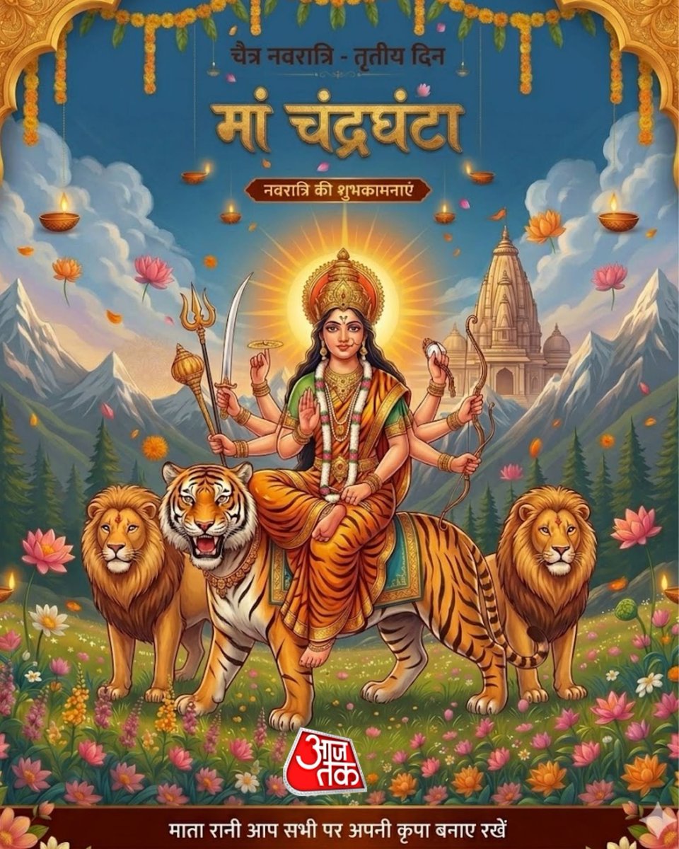 aajtak's tweet image. ✨ आज चैत्र नवरात्र का तीसरा दिन है।

🌸 नवरात्र के तीसरे दिन की पूजा मां चंद्रघंटा को समर्पित होती है।

🙏 आइए मां दुर्गा से तप, त्याग, सुख और समृद्धि की प्रार्थना करें।

#ChaitraNavratri #Navratri2026 #ShubhNavratri #ATCard #AajTakSocial #ATCreatives