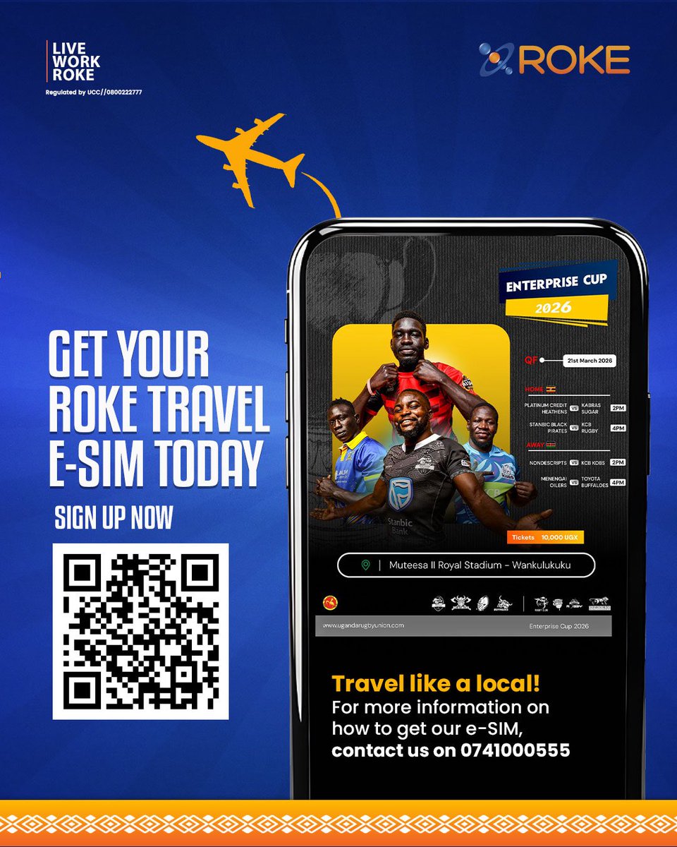 roketelkomug's tweet photo. Heading to Kampala for the Enterprise Cup? Stay connected the moment you land with the ROKE Travel E-SIM🤝.

Touch down, plug in and experience Uganda like a local!

Scan the QR code and get your E-SIM before kickoff!

#RokeAt19 #LiveTheRokeLife #EnterpriseCup2026 #kenya https://t.co/aUt1ug1nxW