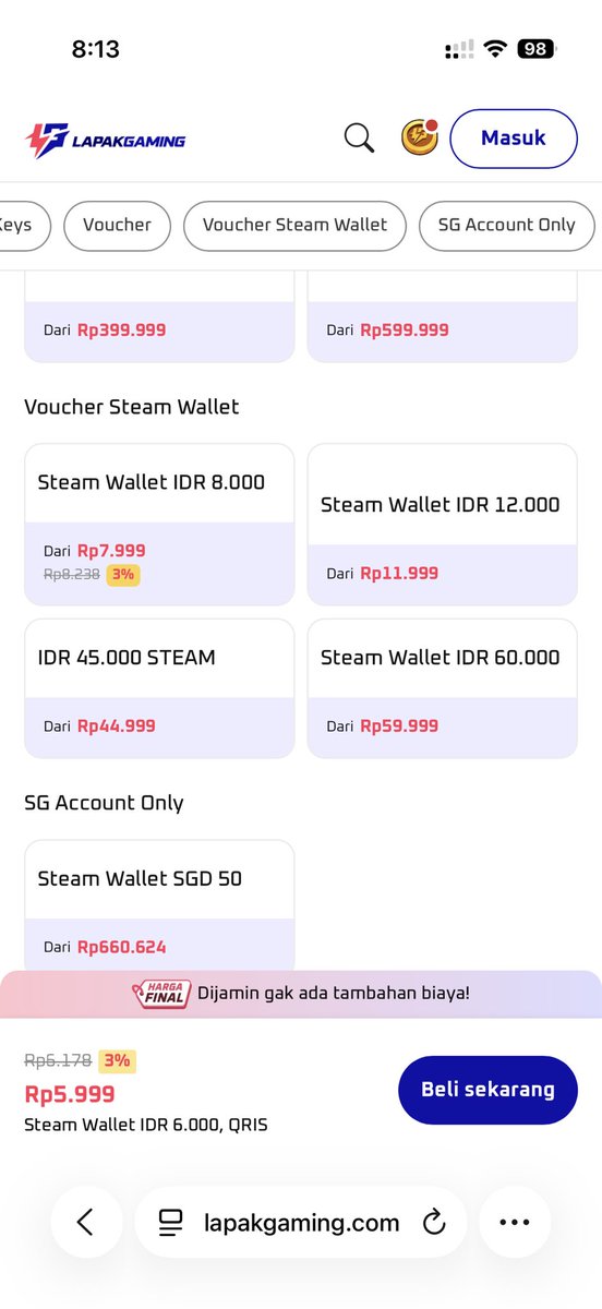 bagusaff's tweet photo. @yappingfess Lain kali beli steam wallet code di lapakgaming aja. Instant dan harganya murah, bisa pake qris juga https://t.co/74gua2j6NG