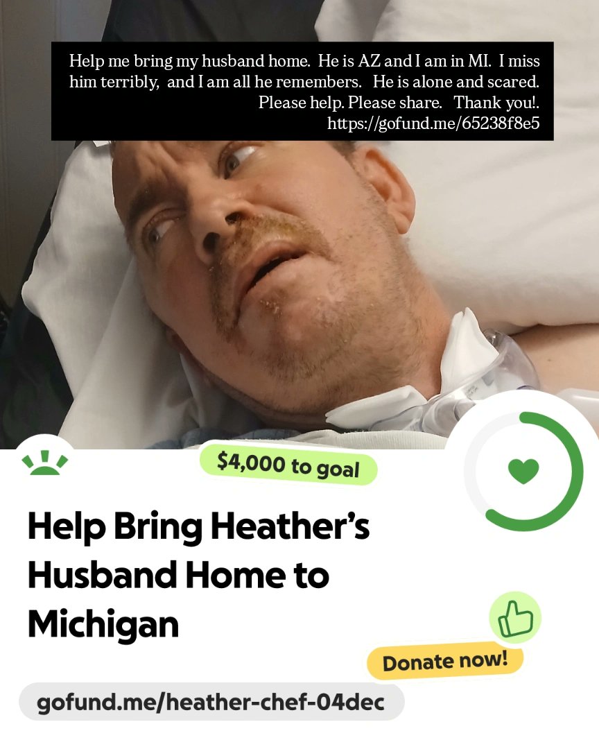 Heatherfaser23's tweet photo. @FOX2News Just looking for help to get my husband Moved from Arizona to Michigan.   He is mostly alone there and I miss him so much.  I hate that he has no one there to advocate for him.  Please share if you can. Thank you!  Heather Faser https://t.co/IhuW3ZK9vg
