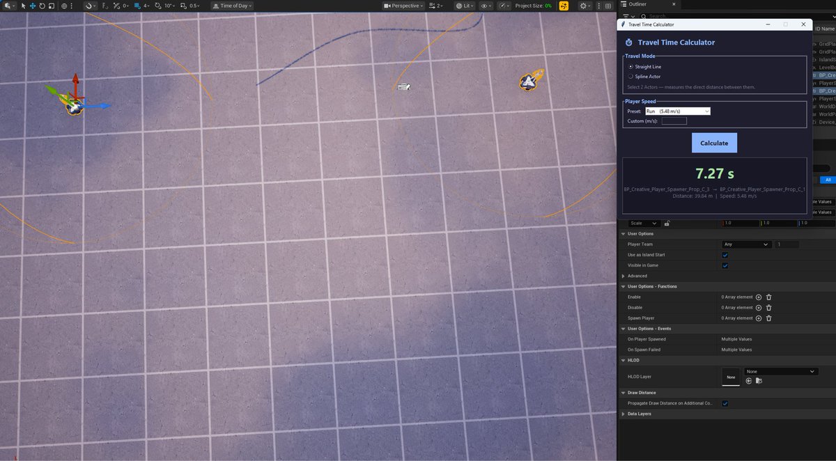 XekyCreative's tweet image. Python scripting is awesome. I hate trying to figure out how big maps need to be to be fun, so I made a tool that calculates how long it will take to get between 2 objects (or across a spline). #uefn #scripting