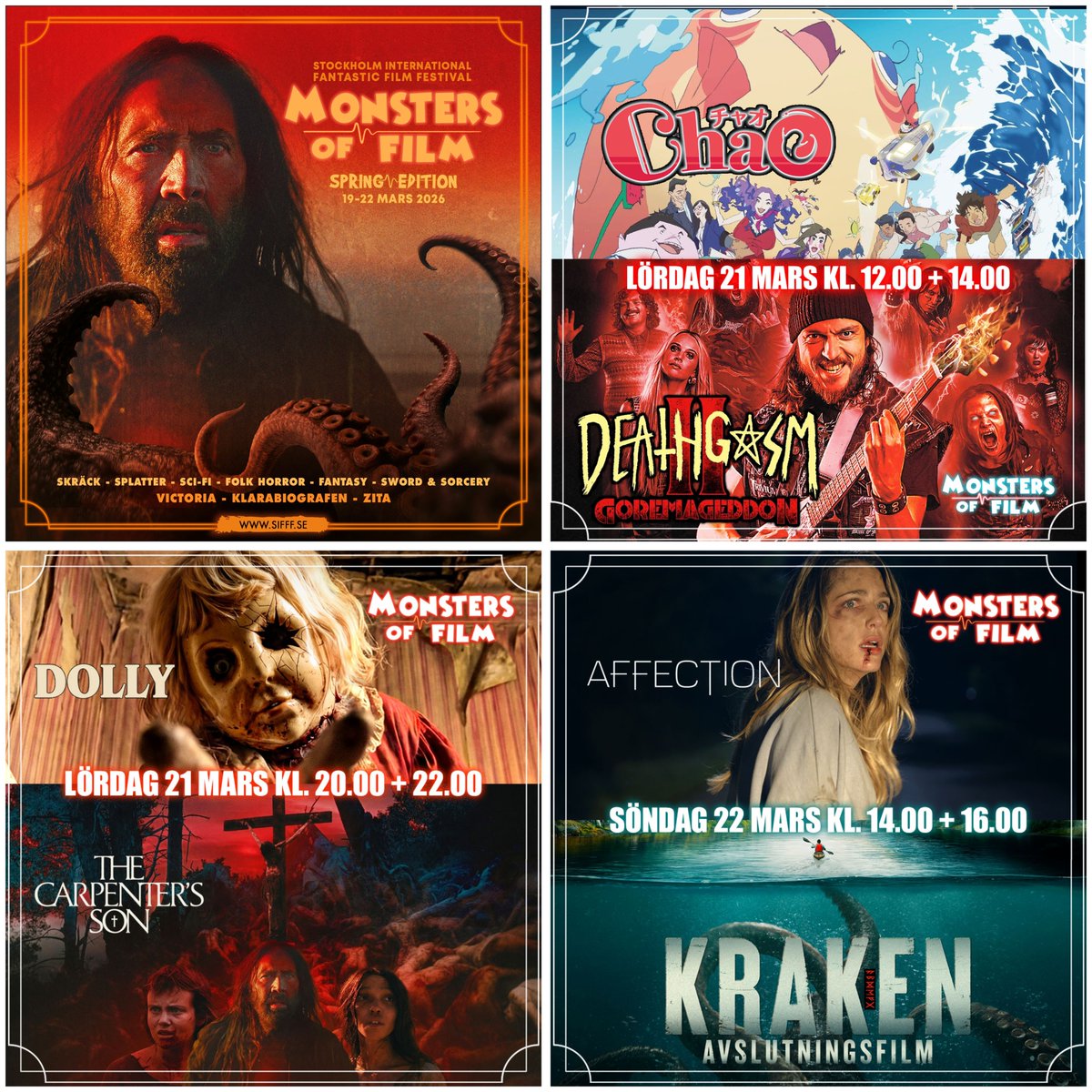 🐙Monsters of Film Festival - 19-22 mars🌸Filmer, Festivalshop &amp; Äkta Nördar!💥

★LÖRDAGSPAKET DAGTID★ En rolig energifylld kombo🤘🏻🪸
📽️CHAO - Klarabio, 21 mars kl 12:00
Japanska animén från hypade Studio 4°C.
📽️DEATHGASM 2: GOREMAGEDDON - kl 14:00 
Blod, tarmar &amp; heavy metal i