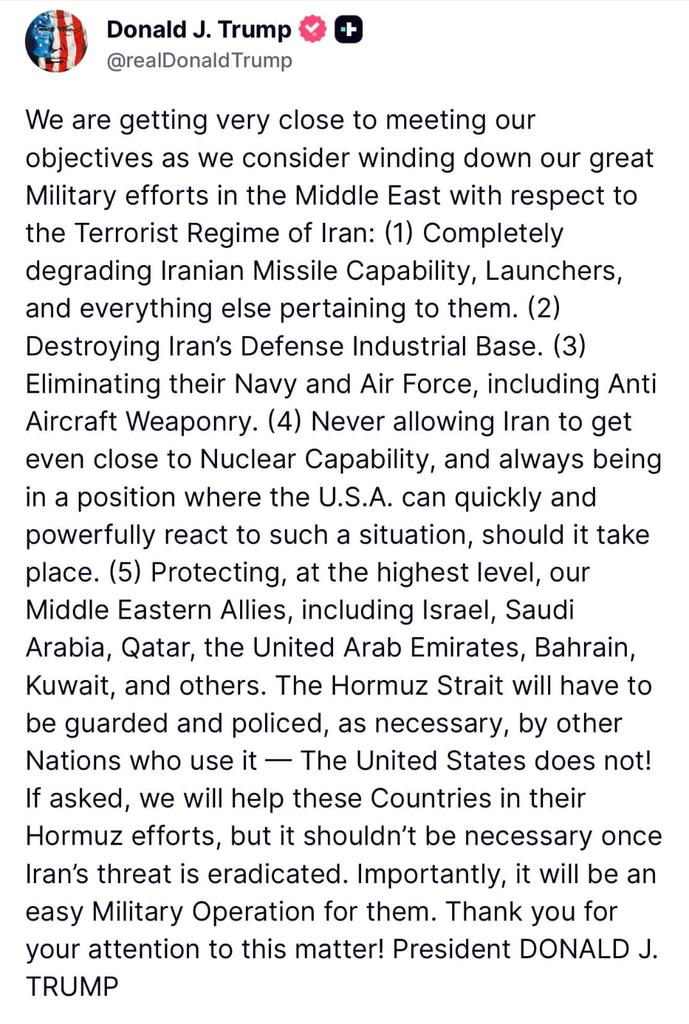 BOMBAZO de Donald Trump: “Irán ya no es una amenaza” — EE.UU. se repliega del Medio Oriente
“Estamos muy cerca de cumplir todos los objetivos: destruir su capacidad de misiles, debilitar su base industrial y neutralizar su poder naval y aéreo. El estrecho de Hormuz puede ser