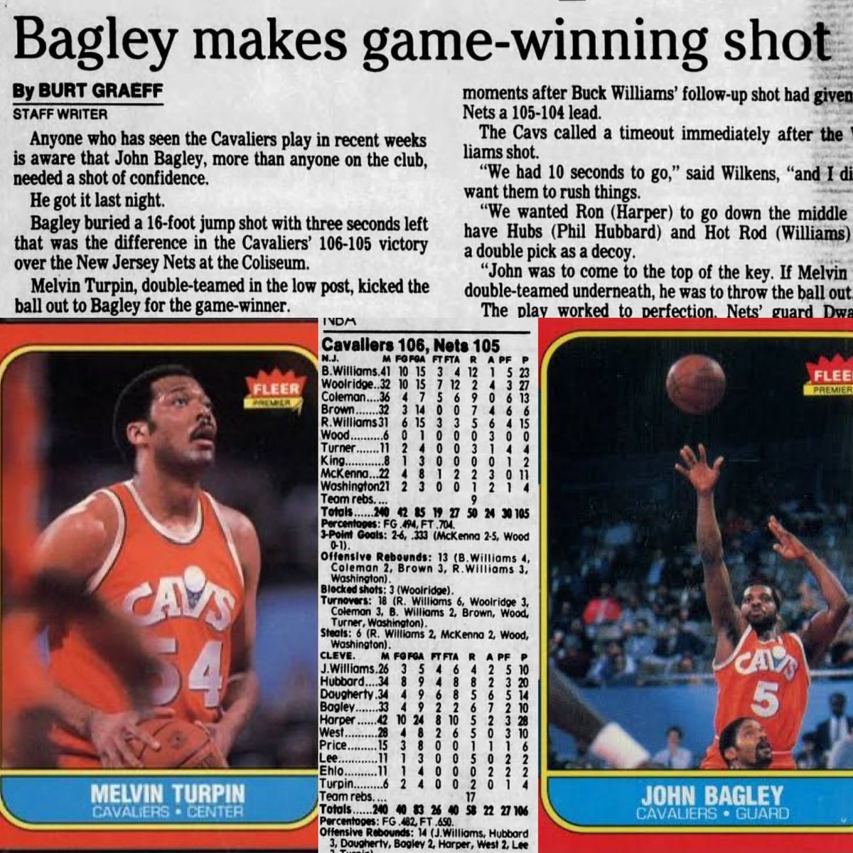 MrCleveland_216's tweet photo. March 20, 1987: Bags For the Win🏀

• Mel Turpin double-teamed in low-post➡️

• Kicks it out to John Bagley➡️

• Bags hits game-winning jumper w/ :03 sec left🔥

• Cavs beat Nets 106-105

#LetEmKnow

Rookie Ron Harper leads team w/ 28 pts

#Turp ➡️ #Bags➡️ #Win https://t.co/S4sKH1NCTb