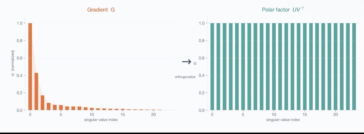 gapDEEPry's tweet photo. Why does Muon beat Adam for training quantized networks?

It comes down to what each optimizer treats as "distance" in weight space.

Adam treats a weight matrix as a flat vector of numbers. Muon treats it as a linear map — and measures change by how much the input-output mapping moved.

gradient G has SVD G = U Sigma V^T. Muon's update is just U V^T. keep the directions, throw away the magnitudes