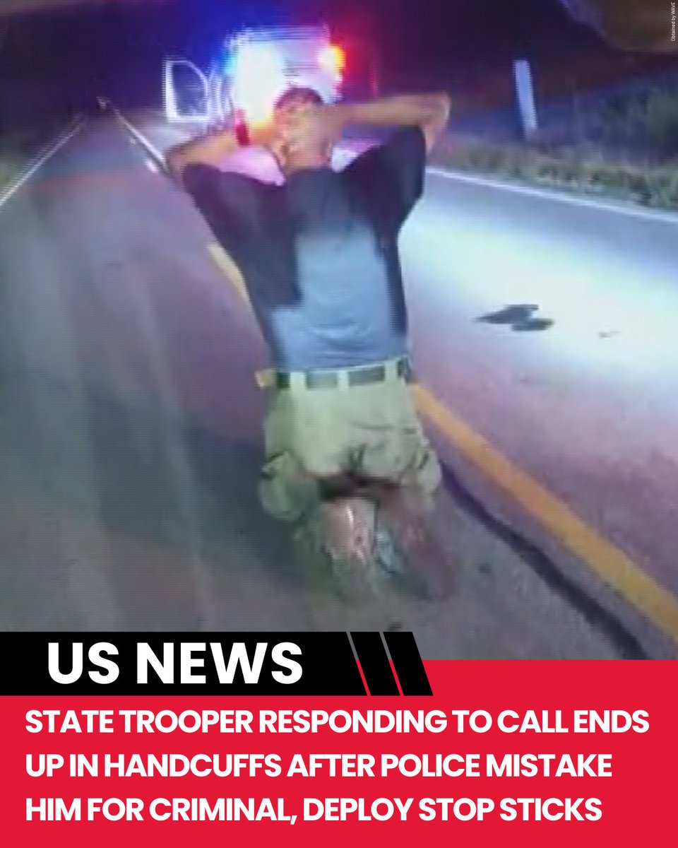 NewsChannel10's tweet image. A police chase in late September ended with an #Indiana state trooper in handcuffs after officers used stop sticks to flatten the tire of his bomb squad truck.