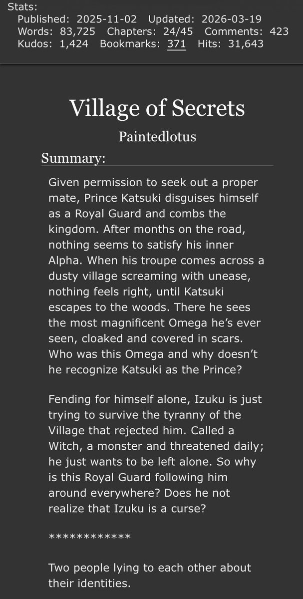 _Paintedlotus_'s tweet image. Thank for 30,000 hits on A03! 
“Village of Secrets”

Just posted chapter 24, so check it out
************ 
#ao3 #BKDK #nanowrimo #fanfiction #omegaverse