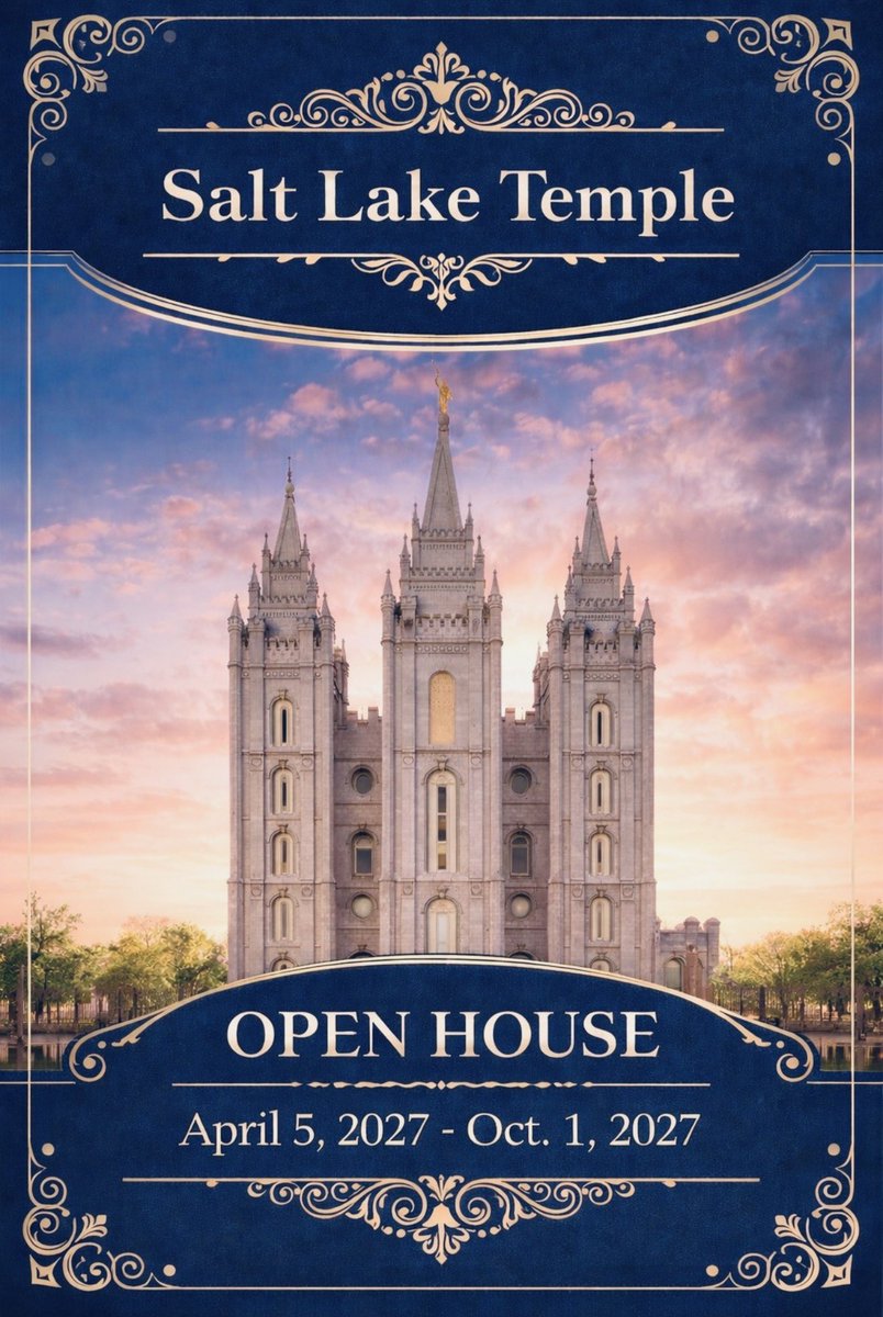 2Sticks1Nation's tweet photo. The Salt Lake Temple open house has been announced!

Public tours of the historic (and newly renovated) temple will run from:
 
- April 5, 2027 - October 1, 2027
- Open 7 days a week, 9 a.m. to 9 p.m.

ALL are invited!

https://t.co/735sh1Ufo2 https://t.co/uUnWT1F2tA