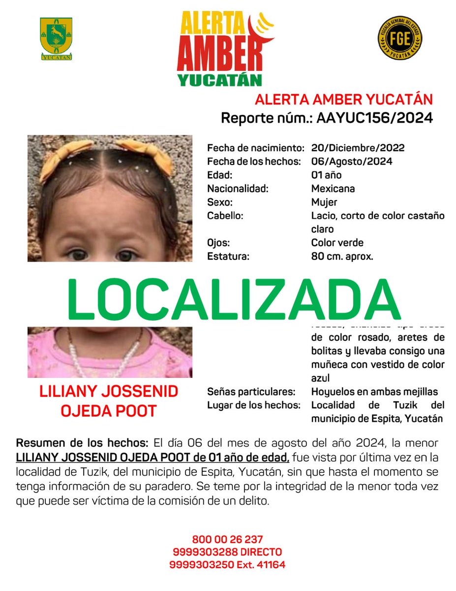 #AAYUC Informa de la DESACTIVACIÓN de la ALERTA AMBER Estatal de la menor LILIANY JOSSENID OJEDA POOT de 01 año de edad al momento de su desaparición, en el Estado de Yucatán, lo anterior por haber sido LOCALIZADA. <a href="/fgeyucatan/">FGE Yucatán</a>
