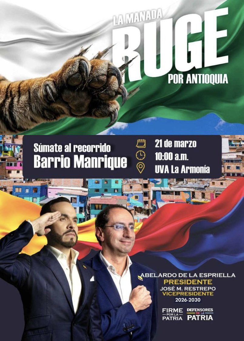 🔥 ¡Medellín se activa, la Manada se mueve! 🐅

Las Tigresas y los defensores de la patria te invitan a conocer a <a href="/ABDELAESPRIELLA/">Abelardo De La Espriella</a>, a <a href="/jrestrp/">José Manuel Restrepo Abondano</a> y sus propuestas para Colombia 🇨🇴

✨ Arranca la gran gira por el territorio antioqueño.
Llegamos a Manrique, tierra de historia,