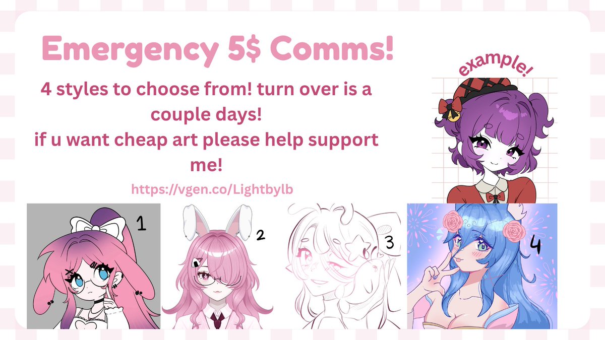Lightbylb's tweet photo. 5$ ART!!! CHEAP ART FOR UR ALL UR HEARTS DESIRE!!! please help support me it would mean the world to me :) 🌸🌸🌸🌸🌸🌸🌸🌸🌸🌸🌸
https://t.co/pJYDwXkj9h https://t.co/YIuCMHhSwX
