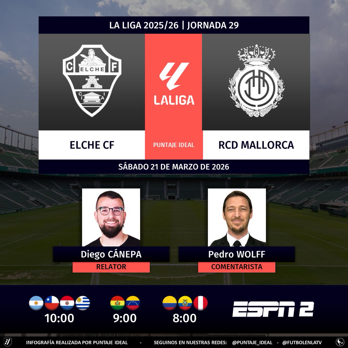 Puntaje_Ideal's tweet image. ⚽ #LaLiga 🇪🇸 | #Elche vs. #Mallorca  
🎙 Relator: @diecanepaok
🎙 Comentarista: @WolffPedro
📺 #ESPN2 Sudamérica 
💻📱 @disneyplusla
🤳 #LaLigaxESPN - #ElcheMallorca 
Dale RT 🔃