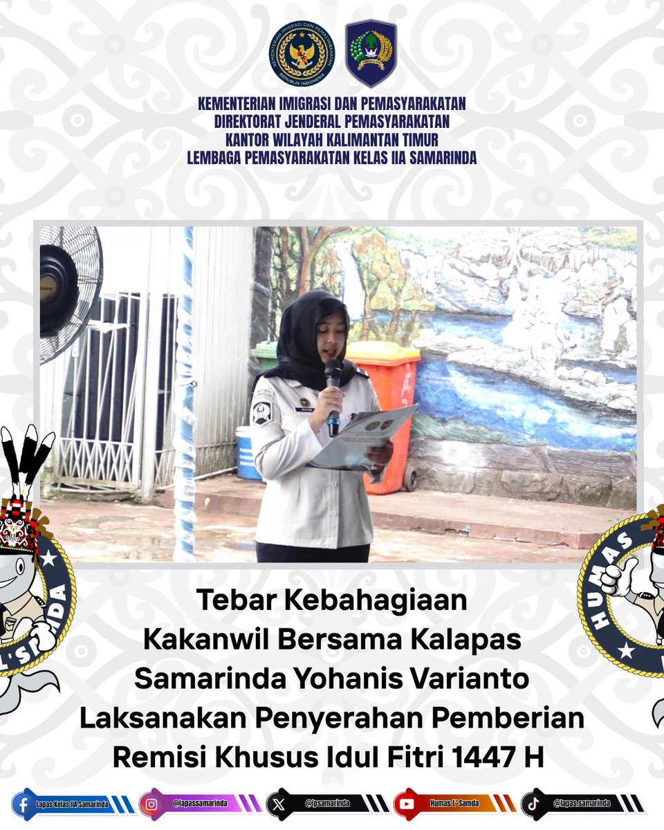 lpsamarinda's tweet image. Tebar Kebahagiaan. Kakanwil Bersama Kalapas Samarinda Yohanis Varianto Laksanakan Penyerahan Pemberian Remisi Khusus Idul Fitri 1447 H

#Remisi
#Kemenimipas
#guardandguide
#ditjenpas
#pemasyarakatan
#lapaSamarinda