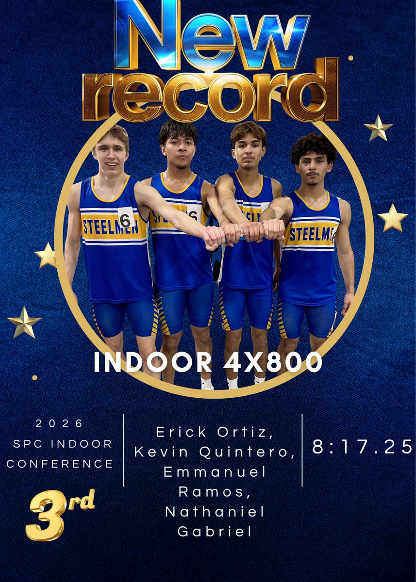 JolietCentralAD's tweet photo. Two school records were broken tonight for the boys track team at the SPC Indoor Meet!

Erick Ortiz, Kevin Quintero, Emmanuel Ramos, and Nathaniel Gabriel break the school record in the 4x800 with a time of 8:17.25!

Nathaniel Gabriel breaks the school record in the 1600 with a time of 4:24.79!!

Thanks to Coach Hart for the graphics!

#SteelmenPride