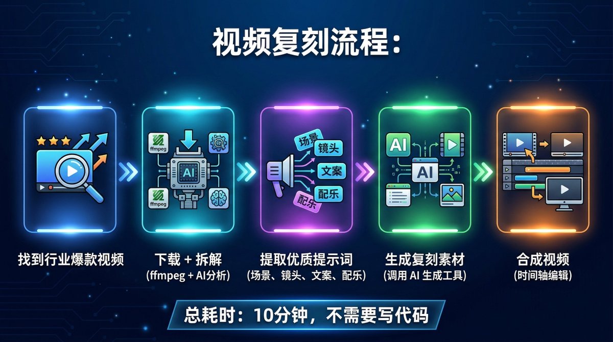 完全不会写代码，也能一键复刻爆款视频了？

假设推演一下：

以前： 找爆款 + 逐帧分析 + 剪辑 = 至少也要几个小时

现在： 一句话需求 → AI 自动找爆款、拆解镜头、提取提示词、生成视频 = 10分钟搞定

李佳琦的 3 秒 hook 怎么设计
知识博主的 0.5 秒快剪怎么卡点
电商视频的黄金 15 秒怎么布局