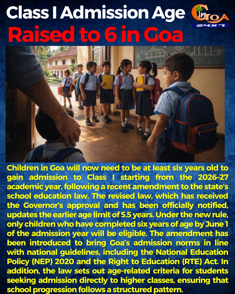 InGoa24x7's tweet photo. Class I Admission Age Raised to 6 in Goa
.
.
#Goa #GoaNews #Class1 #Admission #Children #School https://t.co/OU9F4RkspE