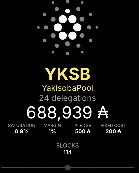 本ステークプールは620エポックへ移行しました。 619エポックではブロックの生成スケジュール割り当てがなく、ブロック生成できませんでした。 皆様からの委任をお待ちしております🙇