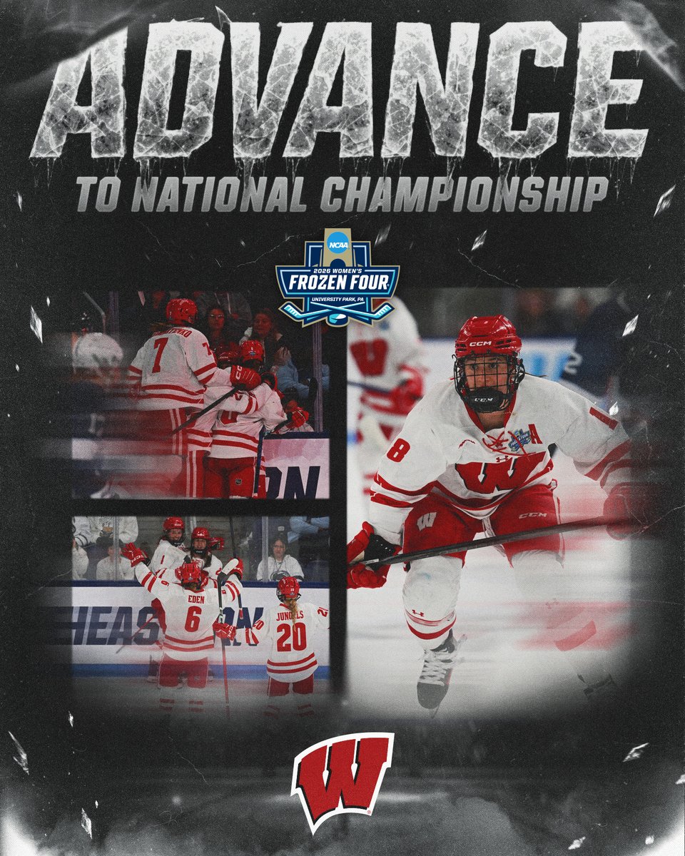 BADGERS MOVE ON! 🦡

(2) <a href="/BadgerWHockey/">Wisconsin Hockey</a> advances to the National Championship with a 4-3 win over (3) Penn State in OT!

#WFrozenFour