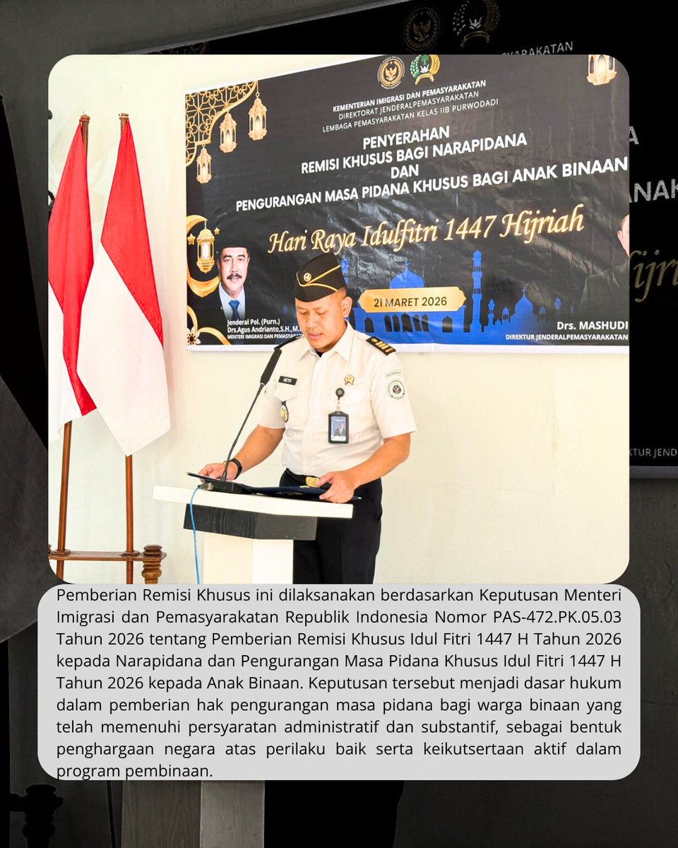 lapas_purwodadi's tweet image. Lapas Purwodadi Serahkan Remisi Khusus Idul Fitri 2026 kepada 157 Warga Binaan

(Tim Humas Lembaga Pemasyarakatan Kelas IIB Purwodadi)

#kemenimipas
#guardandguide
#infoimipas
#Pemasyarakatan
#ditjenpasjateng
#LapasPurwodadi
#SetahunBerdampak