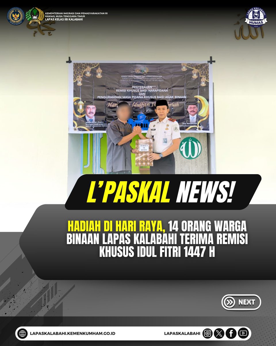 LapasKalabahi's tweet image. Hadiah di Hari Raya, 14 Orang Warga Binaan Lapas Kalabahi Terima Remisi Khusus Idul Fitri 1447 H

Selengkapnya:
lapaskalabahi18.blogspot.com/2026/03/hadiah…

#LapasKalabahi
#Kemenimipas
#AlwaysTheBest
~ KanwilDitjenpasNTT