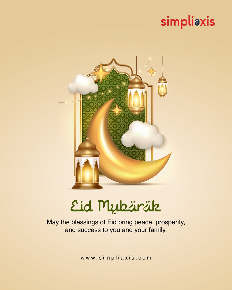 Eid Mubarak from Simpliaxis! 🌙

May this blessed occasion bring peace, prosperity, and success to you and your family. 
Wishing you a joyful celebration filled with happiness, gratitude, and new beginnings.✨

#EidMubarak #Eid2026 #Simpliaxis #FestivalGreetings