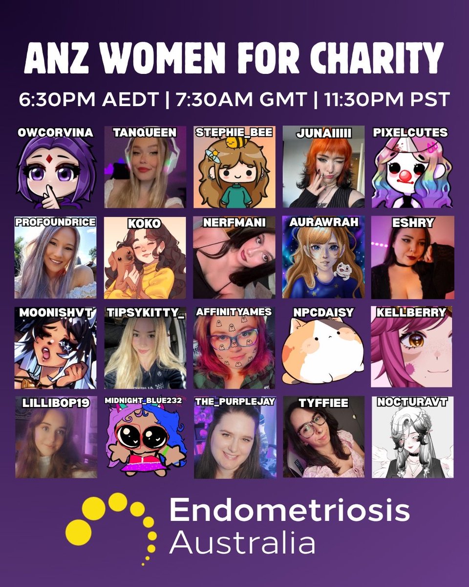 31st of March 2026 , I'll be participating in a second charity stream for Women's month- endometriosis! With my Overwatch Oceania twitch team! 6:30pm AEDT! 

There is still more information to come but can't wait to see you all join my stream!! And others to help raise awareness!