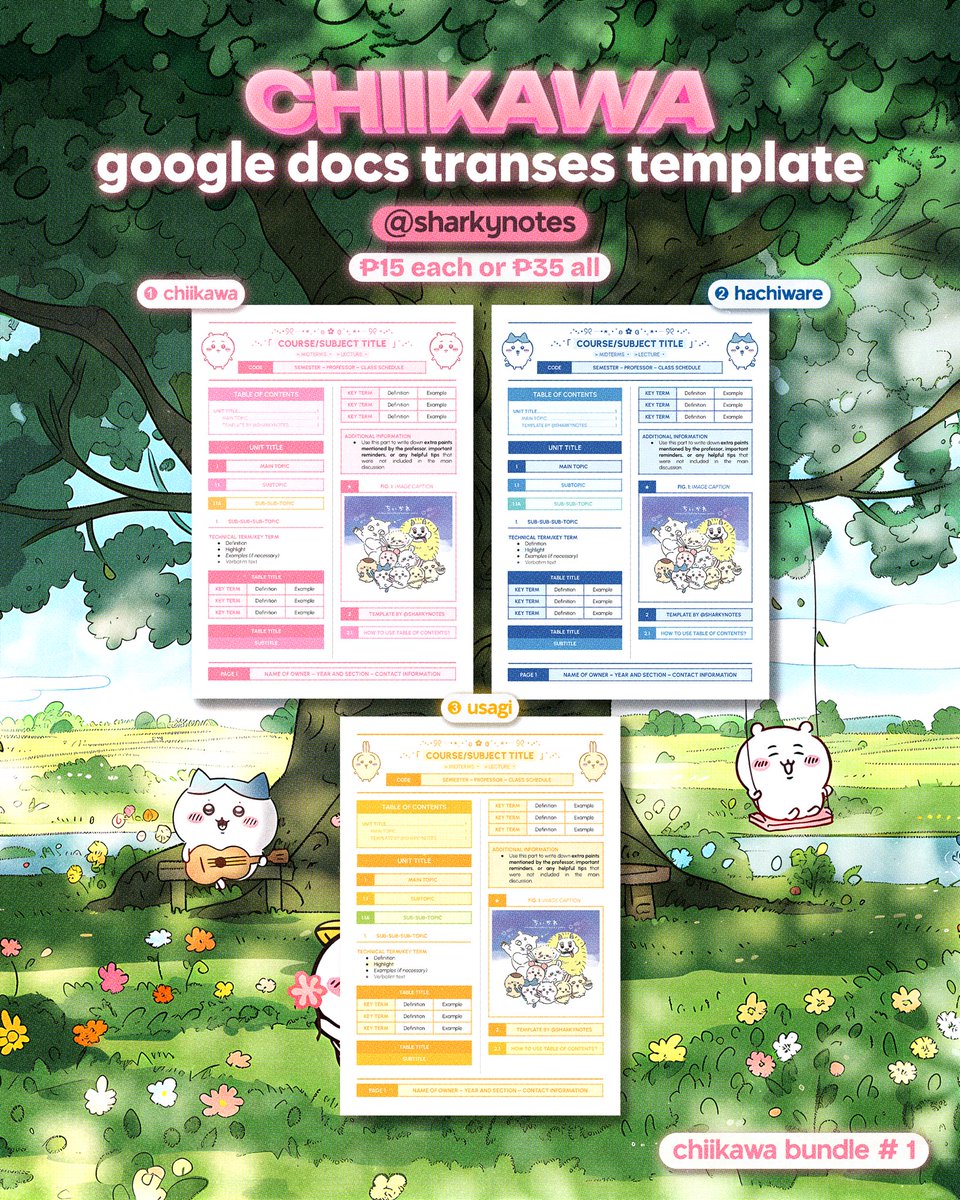 sharkynotes's tweet photo. Chiikawa! Transes Template Available!! ππ©΅π
Chiikawa Trio Bundle! ππ©΅π
(3 Transes Templates)
1 Template = β±15
Take All = β±35
DM now to avail
#studentnotes #transes #digitalnotes #Chiikawa #hachiware #usagi #studytwt #students #transestemplates https://t.co/o9LyEZxLtg
