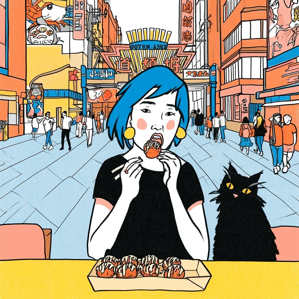 abchan77777's tweet photo. @midjourney のv8試してみた。Moodboardsの反映度が���きい。Background: Dotonbori in Osaka. A Japanese woman with short blue hair, wearing yellow earrings and a black dress. Full-body view. She is eating takoyaki, with a black cat beside her. https://t.co/f3aIJCRaO6