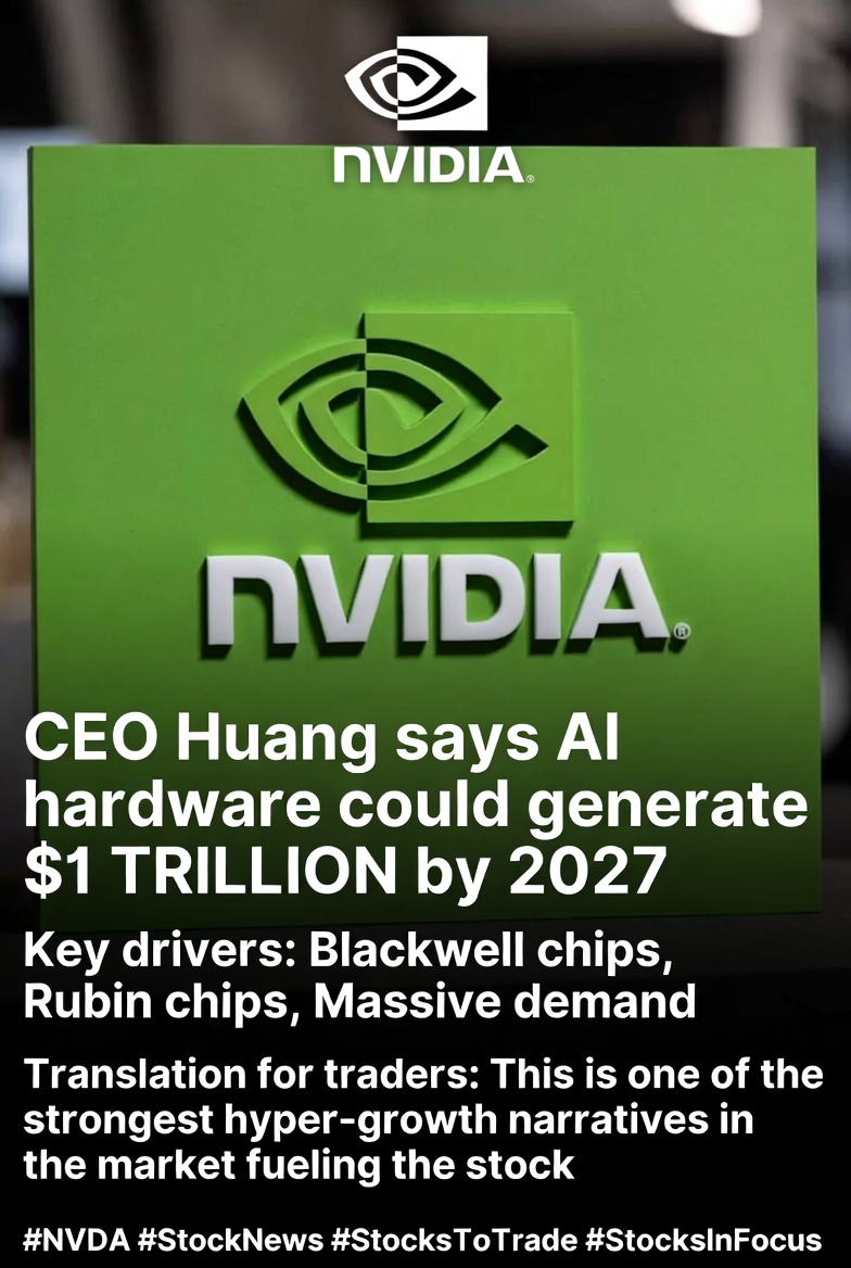 MoneyPromoter78's tweet photo. 🟩 NVIDIA
🟢CEO  Huang says AI hardware could generate $1 TRILLION by 2027
👉 Key drivers
Blackwell chips
Rubin chips 
Massive demand 
👉 Translation for traders
This  hyper-growth narrative fuel — one of the strongest in the market
#NVDA #StockNews #StocksToTrade #StockslnFocus https://t.co/poUAIq5Rja