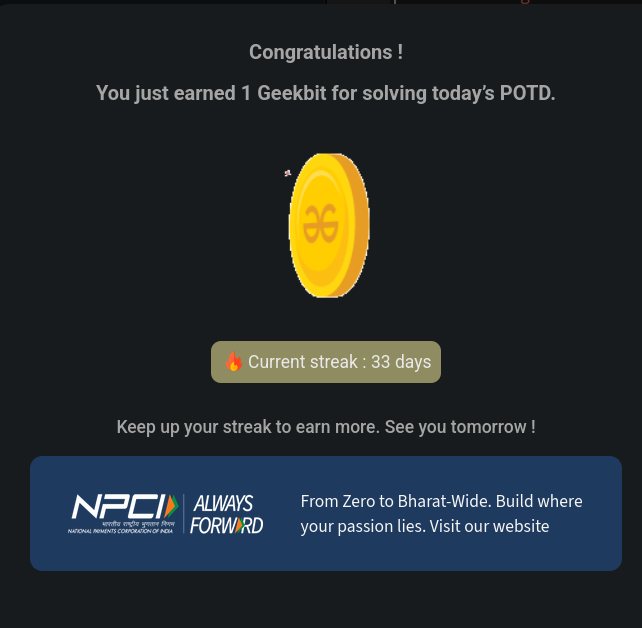 Harshit42077's tweet photo. 💻Day 33 of my #60Dayscodingjourney.Solved today's Problem of the day-"Number of BST From Array"on geeksforgeeks. It is a hard problem that strengthened my greedy thinking and optimization my skill. 
Thank you for @geeksforgeeks and @NPCI_NPCI support!.
#geekstreak60 
#npci. https://t.co/YTx19r5r1R