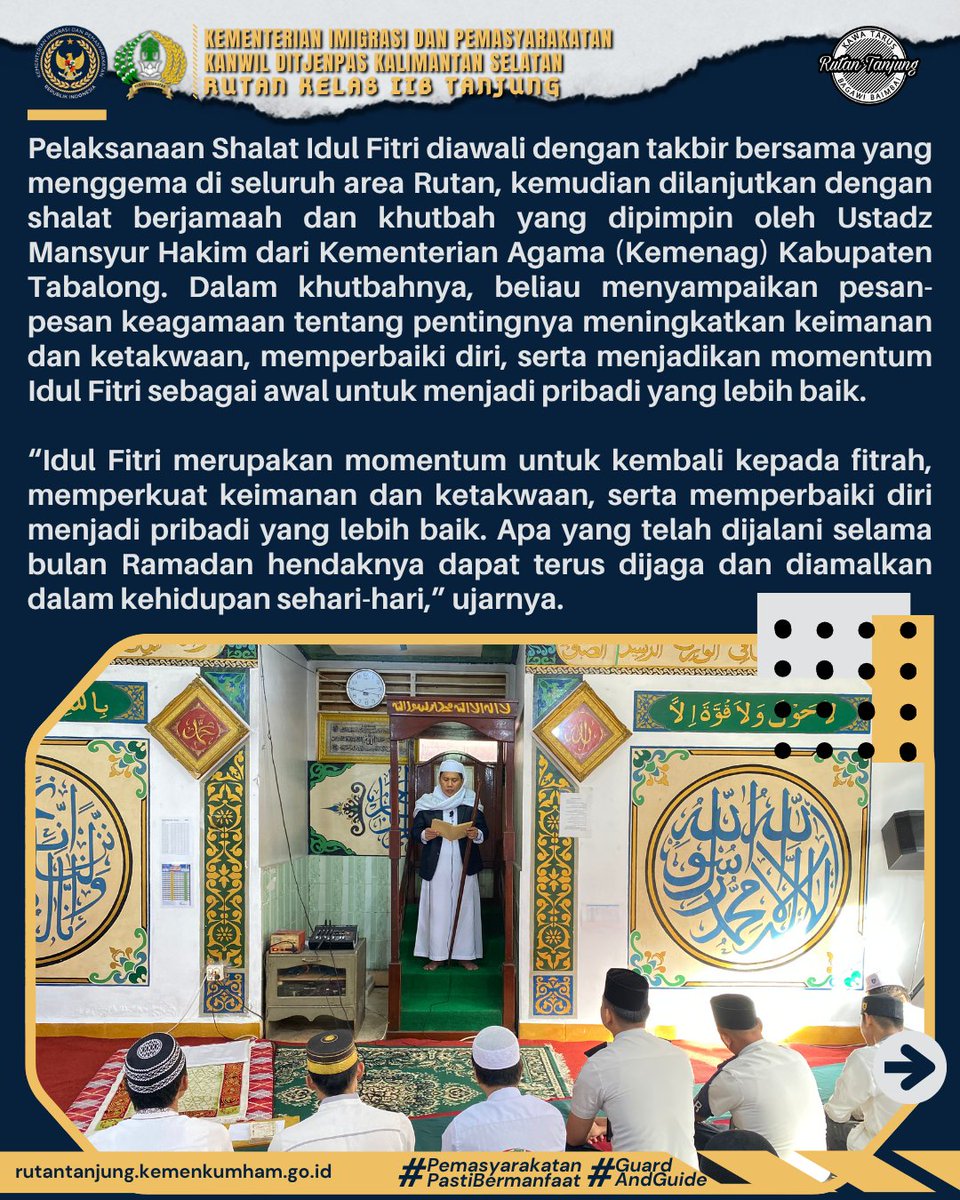 HumasRutansa's tweet image. Shalat Idul Fitri 1447 H di Rutan Tanjung Berlangsung Khidmat, Hadirkan Suasana Hangat dan Penuh Kebersamaan

#Kemenimipas
#Ditjenpas
#Pemasyarakatan
#GuardandGuide
#Pemasyarakatanpastibermanfaatuntukmasyarakat
#KanwilDitjenPasKalsel
#Mulyadi
#RutanTanjung