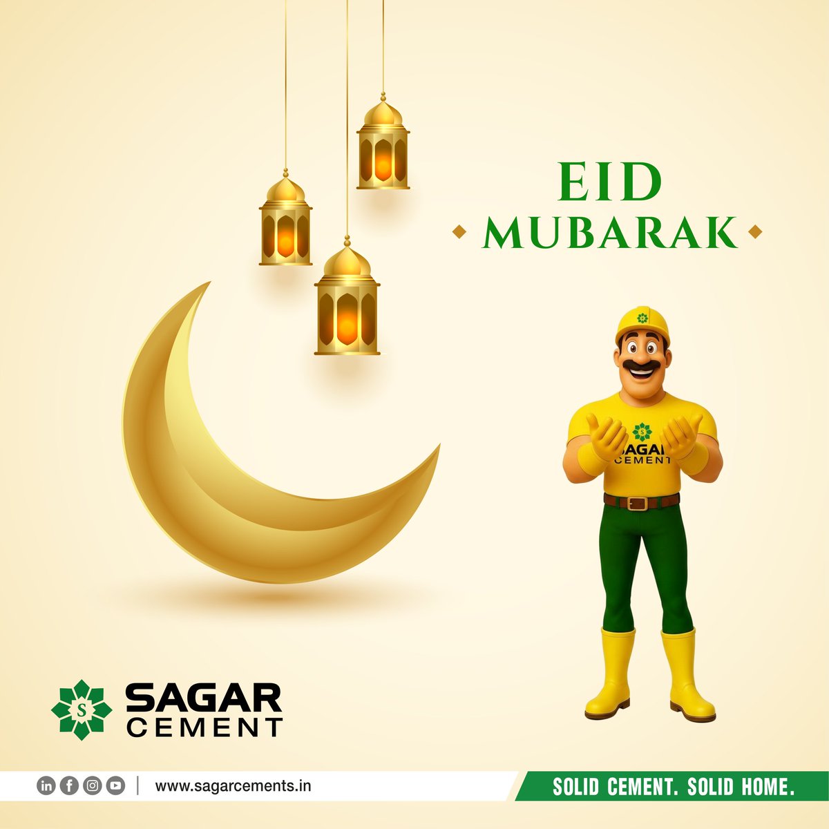 sagarcements's tweet photo. Eid Mubarak from Sagar Cements! 🕌✨ Wishing you peace, prosperity, and togetherness this festive season. Let our Solid Cement, Solid Home build your dreams stronger. 🌙 

#EidMubarak #SagarCements #Eid2026  #Ramzan #Ramzan2026 #RamzanMubarak https://t.co/vWr1Dk4IhB