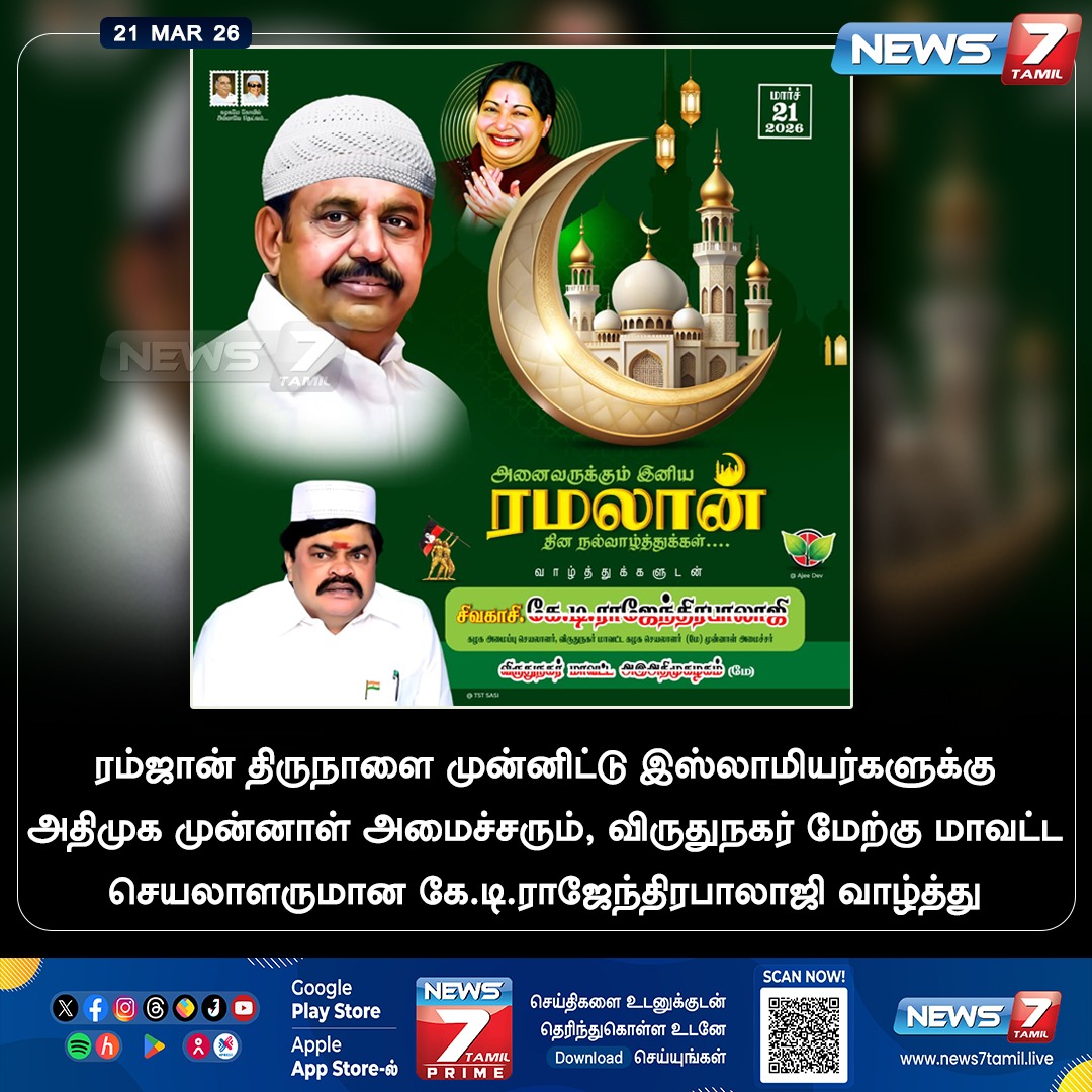 news7tamil's tweet image. ரம்ஜான் திருநாளை முன்னிட்டு இஸ்லாமியர்களுக்கு அதிமுக முன்னாள் அமைச்சரும், விருதுநகர் மேற்கு மாவட்ட செயலாளருமான கே.டி.ராஜேந்திரபாலாஜி வாழ்த்து

#KTRajendraBhalaji | #AIADMK | #Ramadan | #Ramadan2026 | #RamadanWishes | #Islam | #LatestNews