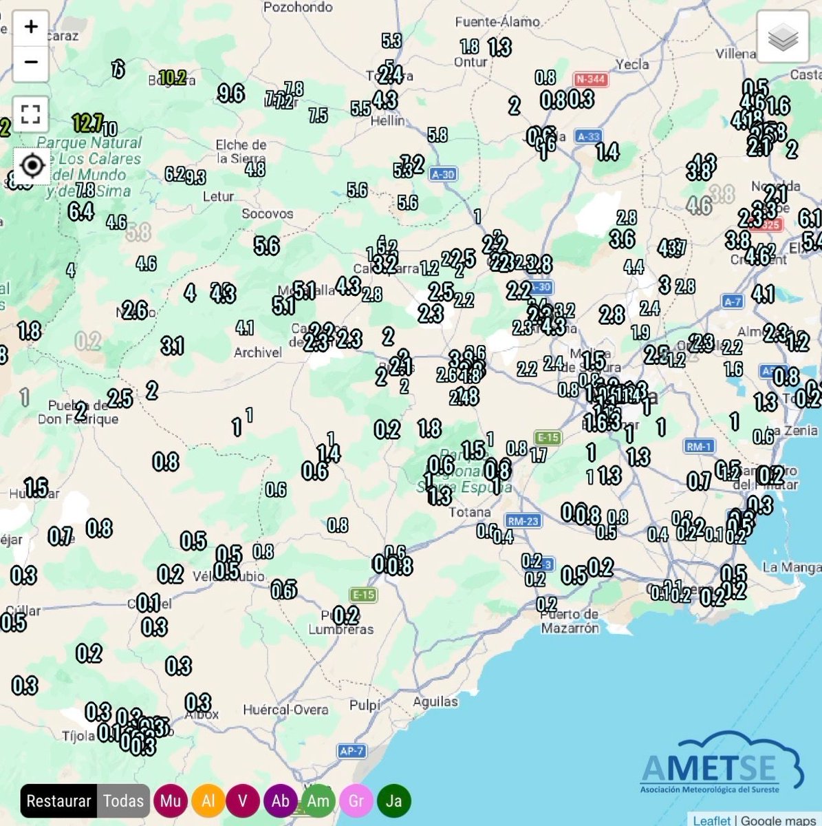Lluvias de la pasada noche 🌧 
Valores de algo más de 5 mm en Moratalla. Se superan los 10 mm en Albacete. Cifras más escasas en zonas de costa.