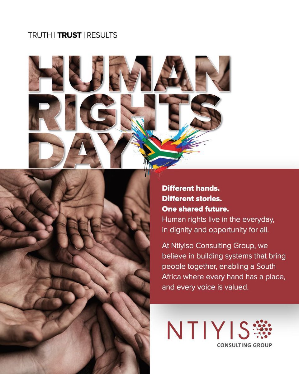 NtiyisoConsult's tweet photo. At Ntiyiso Consulting Group, our work is rooted in enabling institutions to serve people better, because when systems work our people thrive.
Together, we move forward.
#HumanRightsDay #SouthAfrica #UnityInDiversity #NtiyisoConsulting #PublicValue #StrongerTogether https://t.co/DqBjaeKkF2